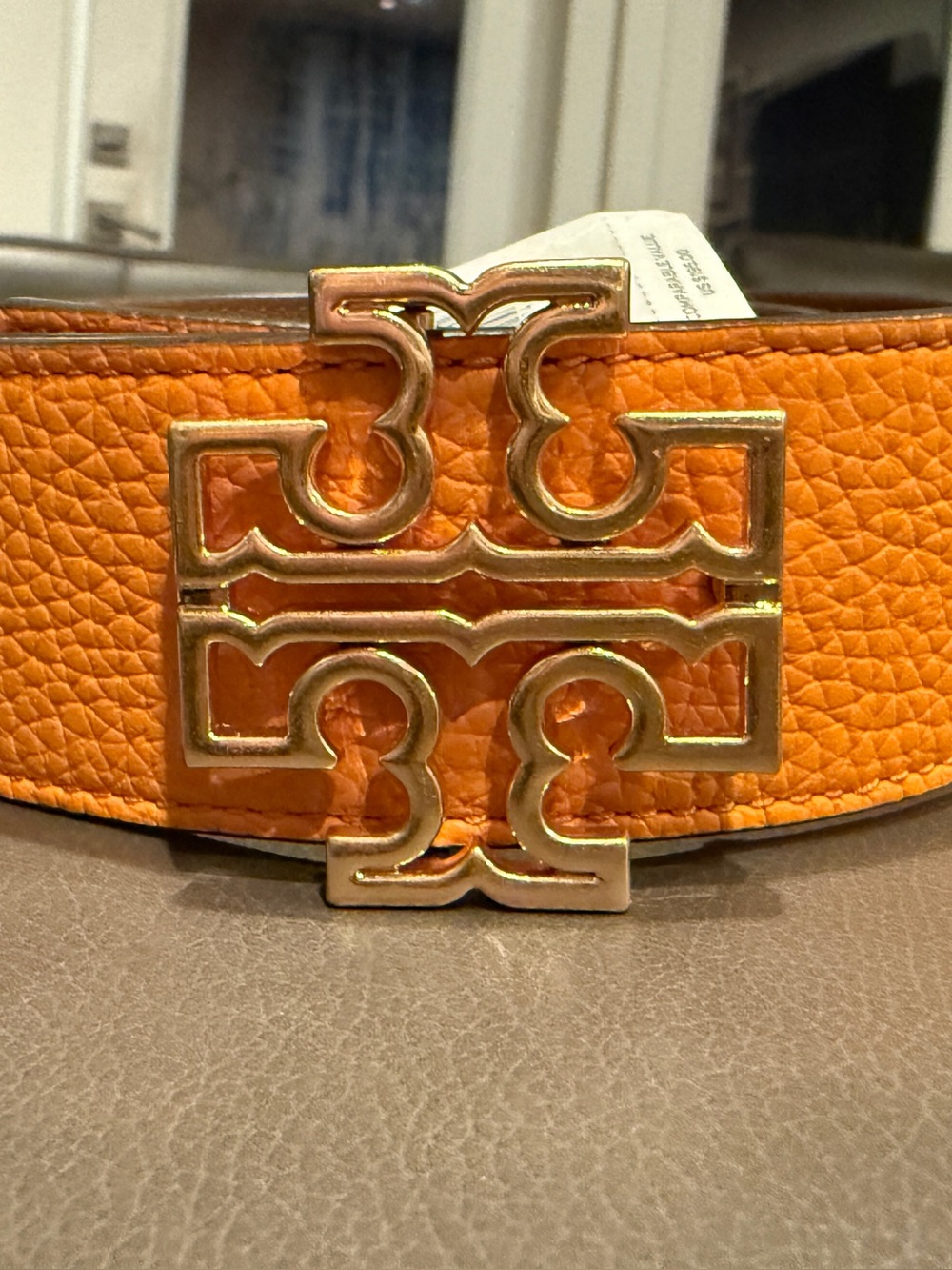 NWT Tory Burch Reversible Britten Leather Belt 1.5” XS Orange Citrine Moose Gold